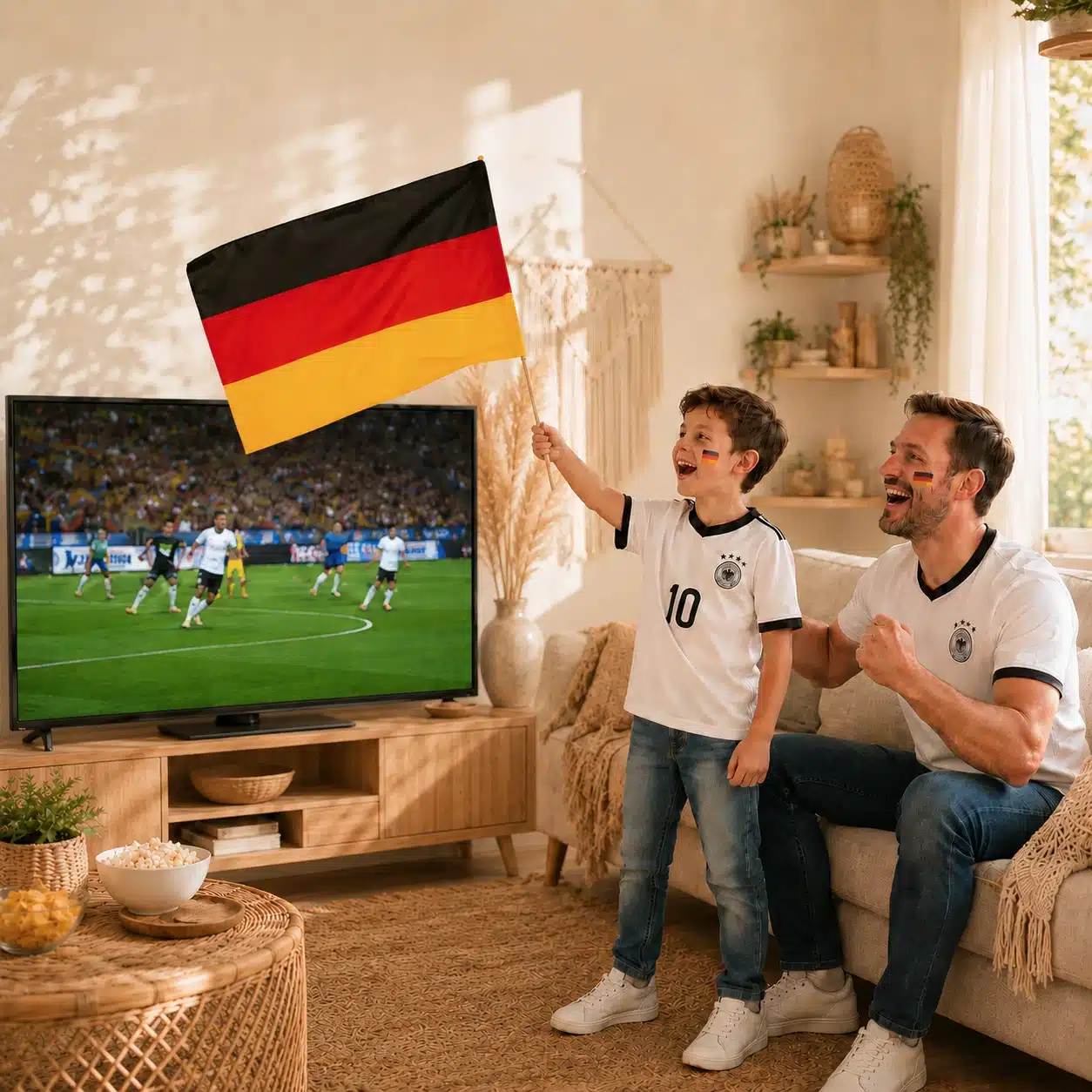 Stabfahne Deutschland beim Fußballabend zu Hause