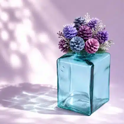 Eckige Vase mit buntem Zapfenbouquet auf lila Hintergrund