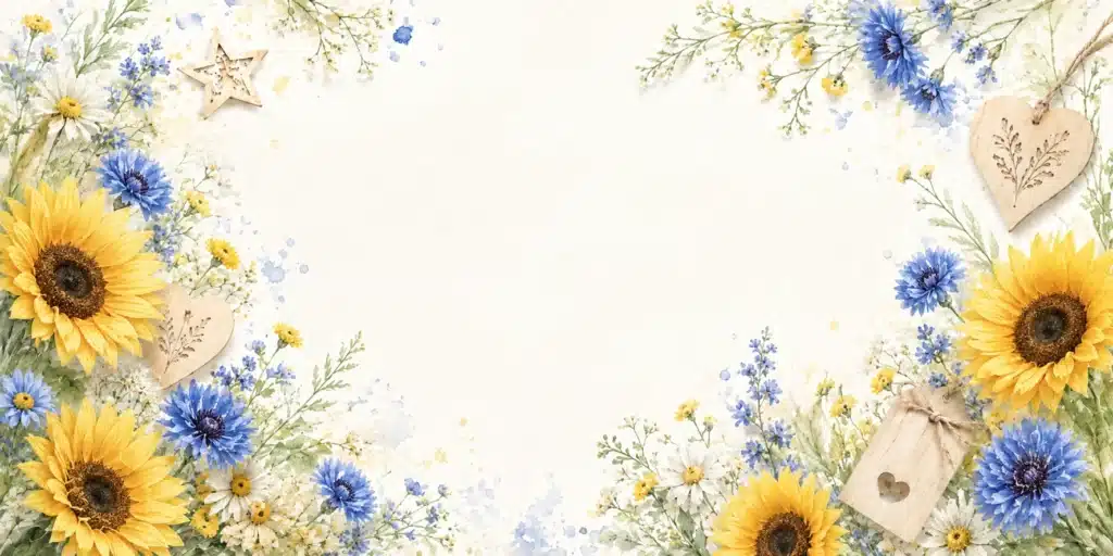 Holzdeko Geschenkideen Banner mit Sonnenblumen, Kornblumen und Holzornamenten