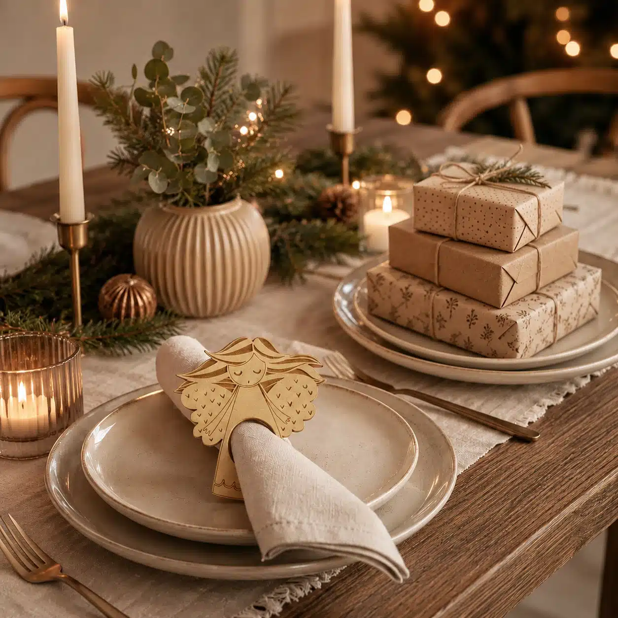 Serviettenhalter Engel Änglasång auf festlichem Weihnachtstisch mit Kerzen und Geschenken