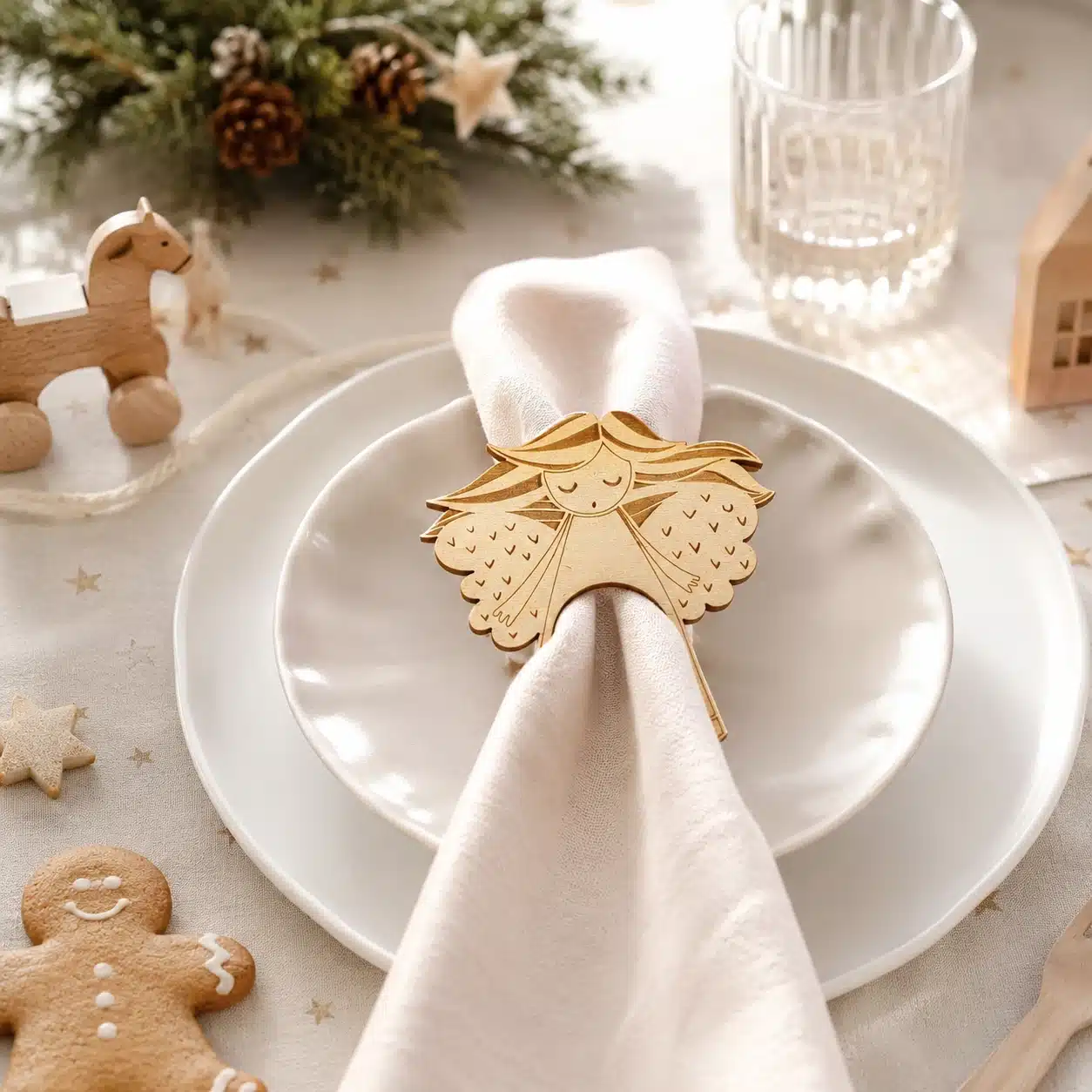 Serviettenhalter Engel Änglasång auf weihnachtlichem Kindertisch mit Serviette und Teller