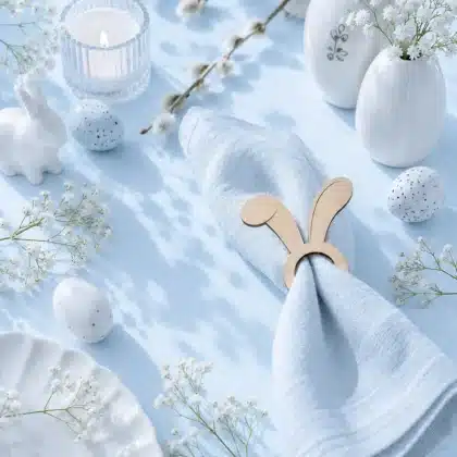 Serviettenring Hasenohren mit Stoffserviette auf Ostertisch