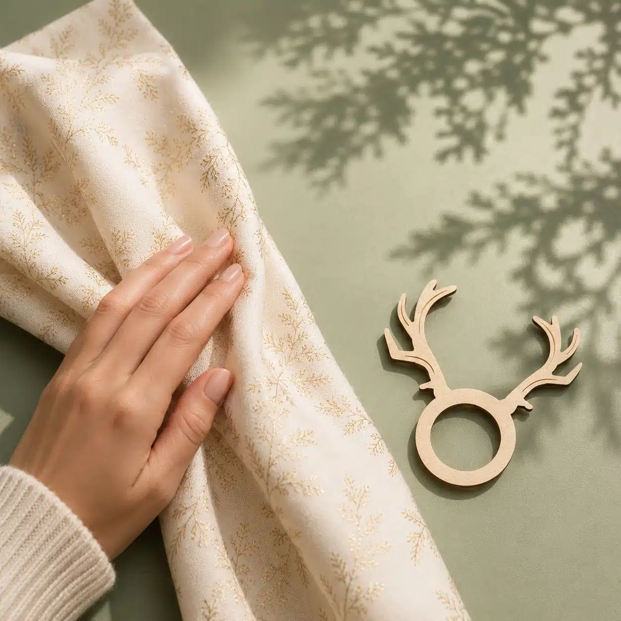 Serviettenring Rentier Rödnos neben cremeweißer Serviette mit goldenen Zweigen und Frauenhand
