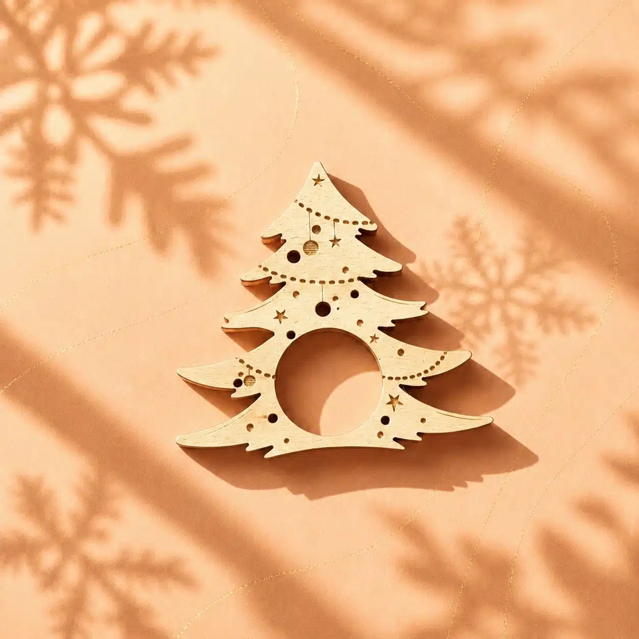 Serviettenringe weihnachtlich Vintergrön als Weihnachtsbaum Holz Deko auf warmem Orangeton