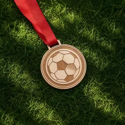 Fußball Medaille mit rotem Band auf Wiese