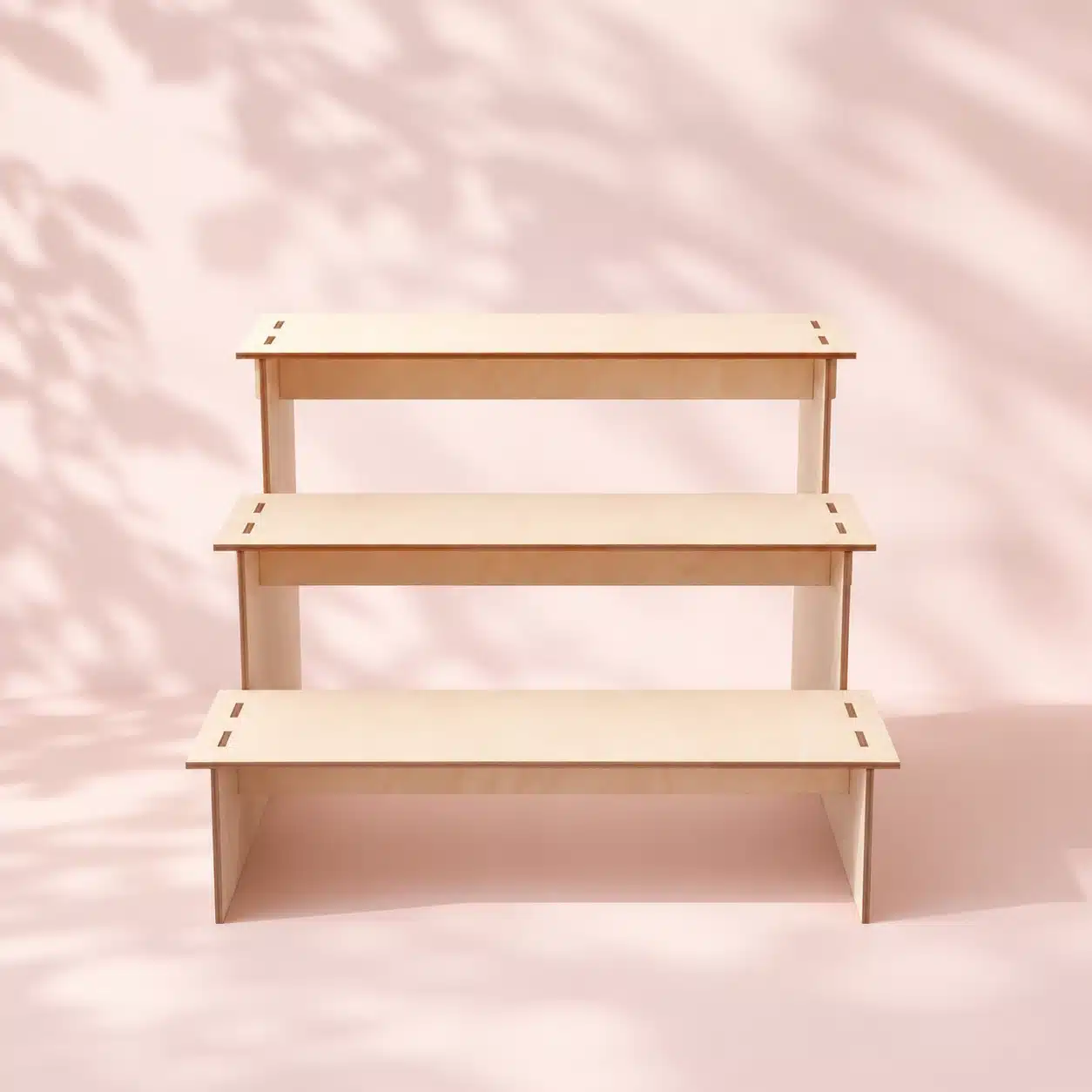 Tuva Stufendisplay Holz frontal auf rosa Hintergrund