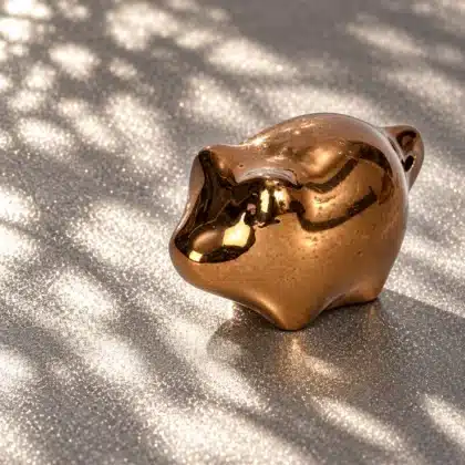 Glücksschwein Bronzella aus Porzellan in glänzendem Bronze auf schimmerndem Untergrund