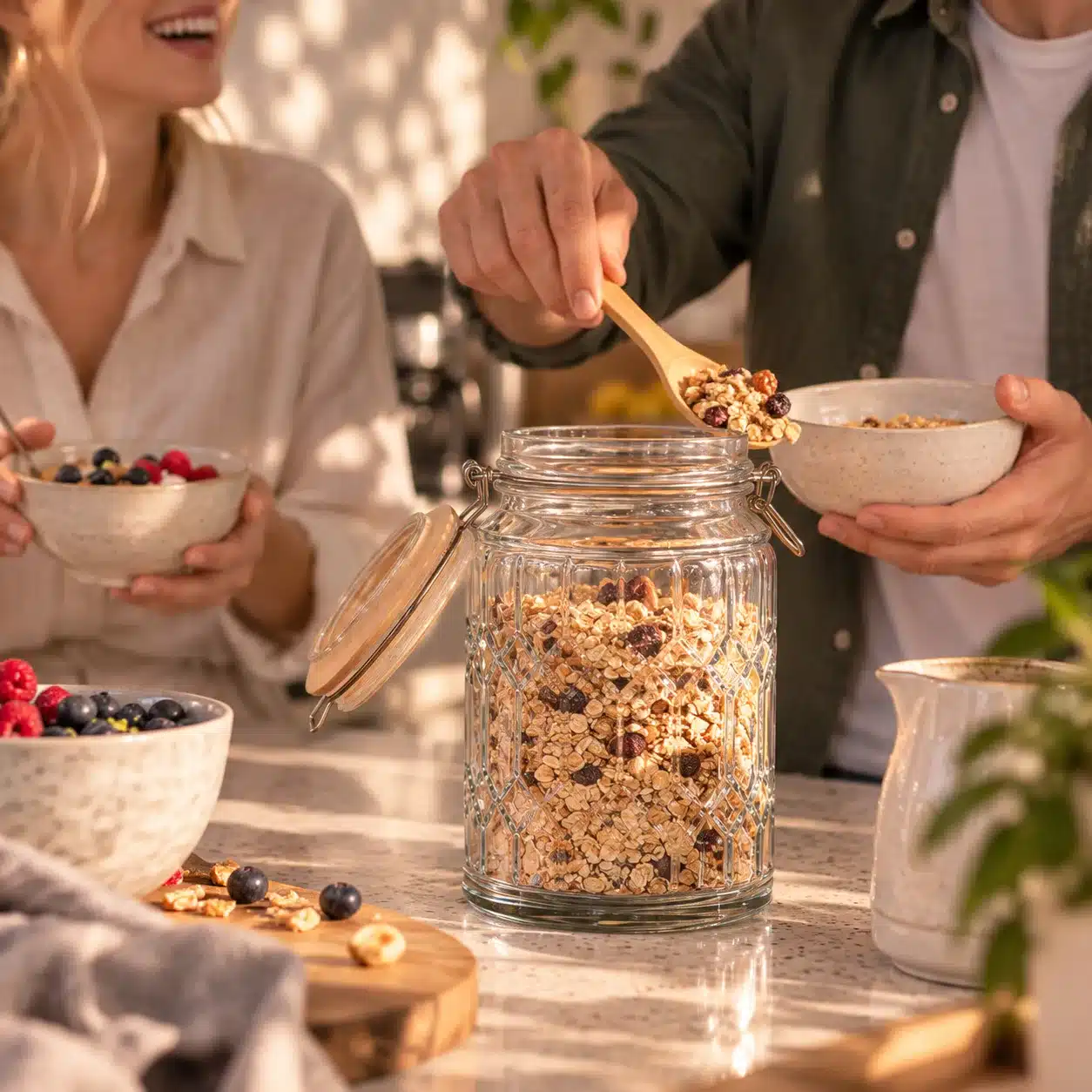 Vorratsglas Rosace gefüllt mit Müsli, ein Holzlöffel entnimmt eine Portion beim Frühstück