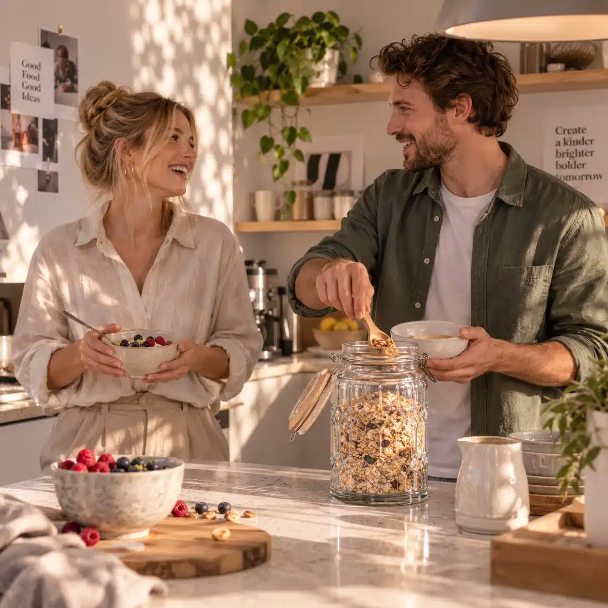Paar frühstückt gemeinsam in der Küche, dazwischen das Vorratsglas Rosace mit Müsli