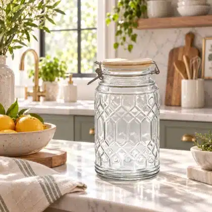 Plätzchendose Rosace aus geschliffenem Glas mit Bügelverschluss auf einer hellen Küchenarbeitsplatte