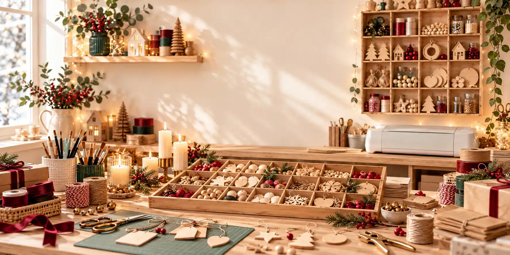 Weihnachtliche DIY-Werkstatt mit Setzkasten voller Holzornamente, Kerzen und Tannenzweigen
