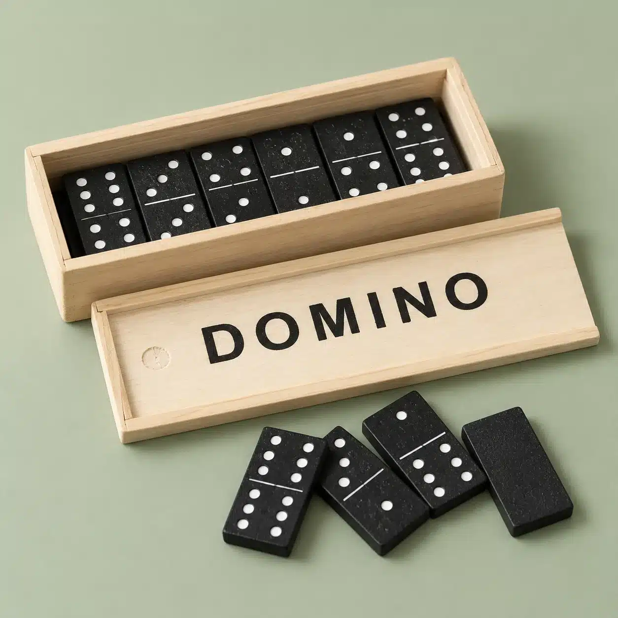 Reisespiel Domino in einer hellen Holzkiste mit aufgeschobenem Deckel und schwarzen Steinen.