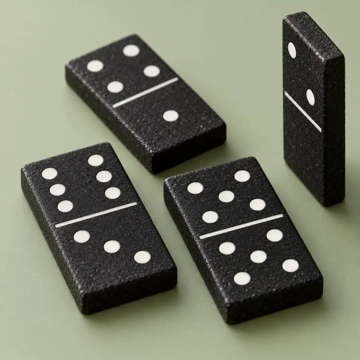 Vier schwarze Dominosteine mit weißen Punkten und matter, körniger Oberfläche.