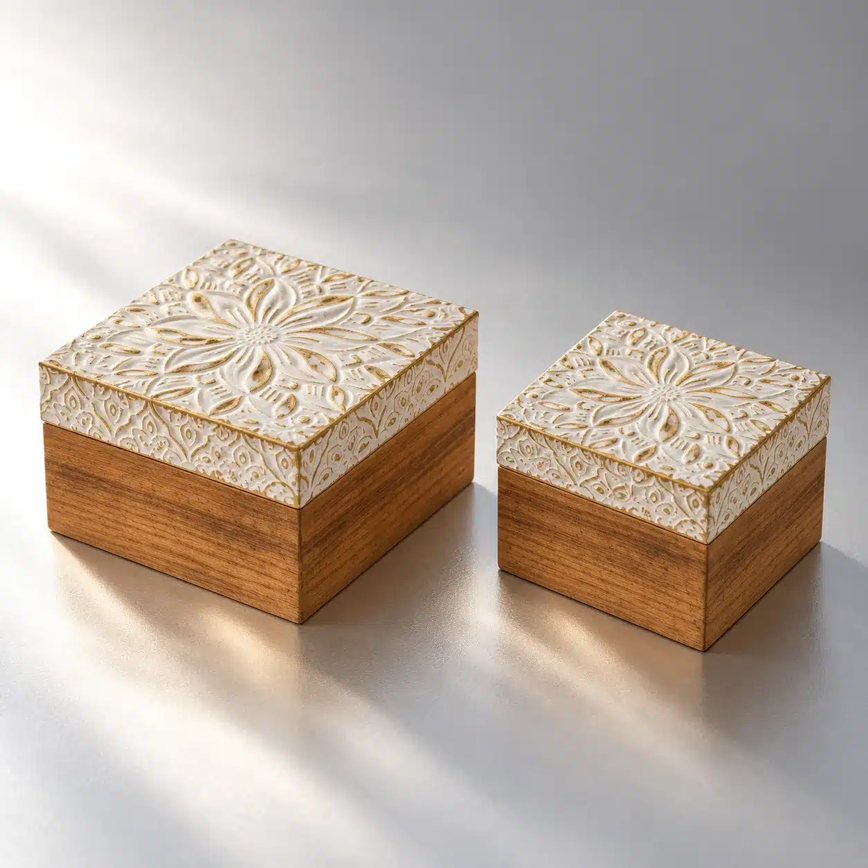 Schmuckkästchen Holz im 2er Set, zwei Boxen mit cremeweißem Mandala-Relief nebeneinander