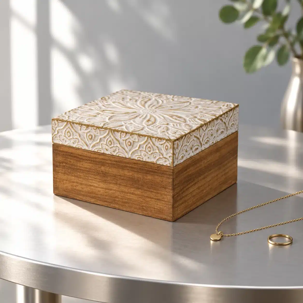 Boho Deko auf einem runden Beistelltisch, Holzbox neben feiner Goldkette und Ring